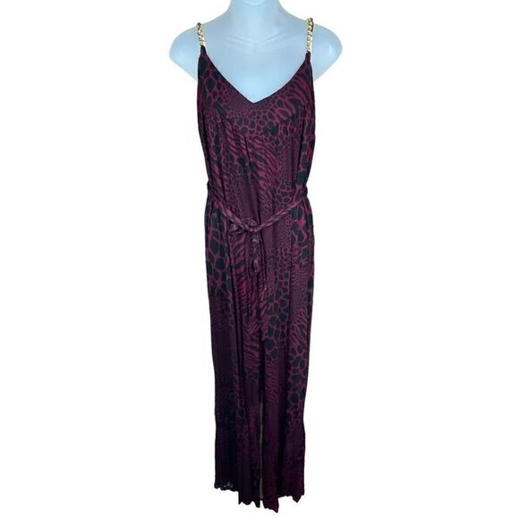 Michael Michael Kors Jumpsuit Red Black Leopard Wide Leg Chain Straps Large - Picture 12 of 15